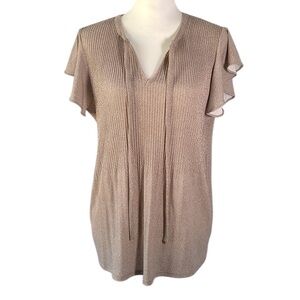 Adrianna Papell Flutter Sleeve Tie Neck Top Light Brown White dots Womens Medium